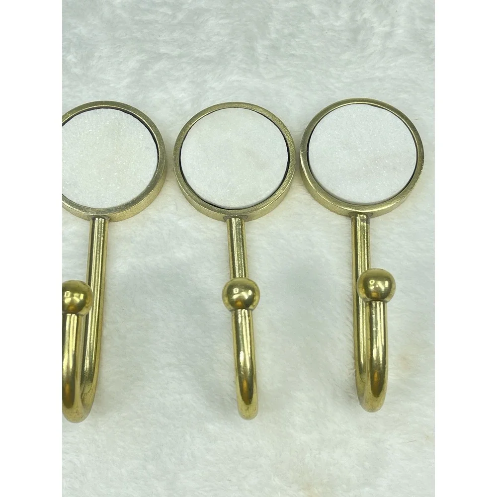 Gold Tone Wall Hooks Set 3 White Stone Inset Mid Century Modern Style